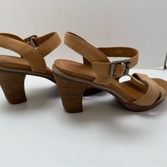 Timberland Womens Sz 8.5 Sandals Heels Tan Leather Ankle Strap Open Toe - Picture 3 of 10